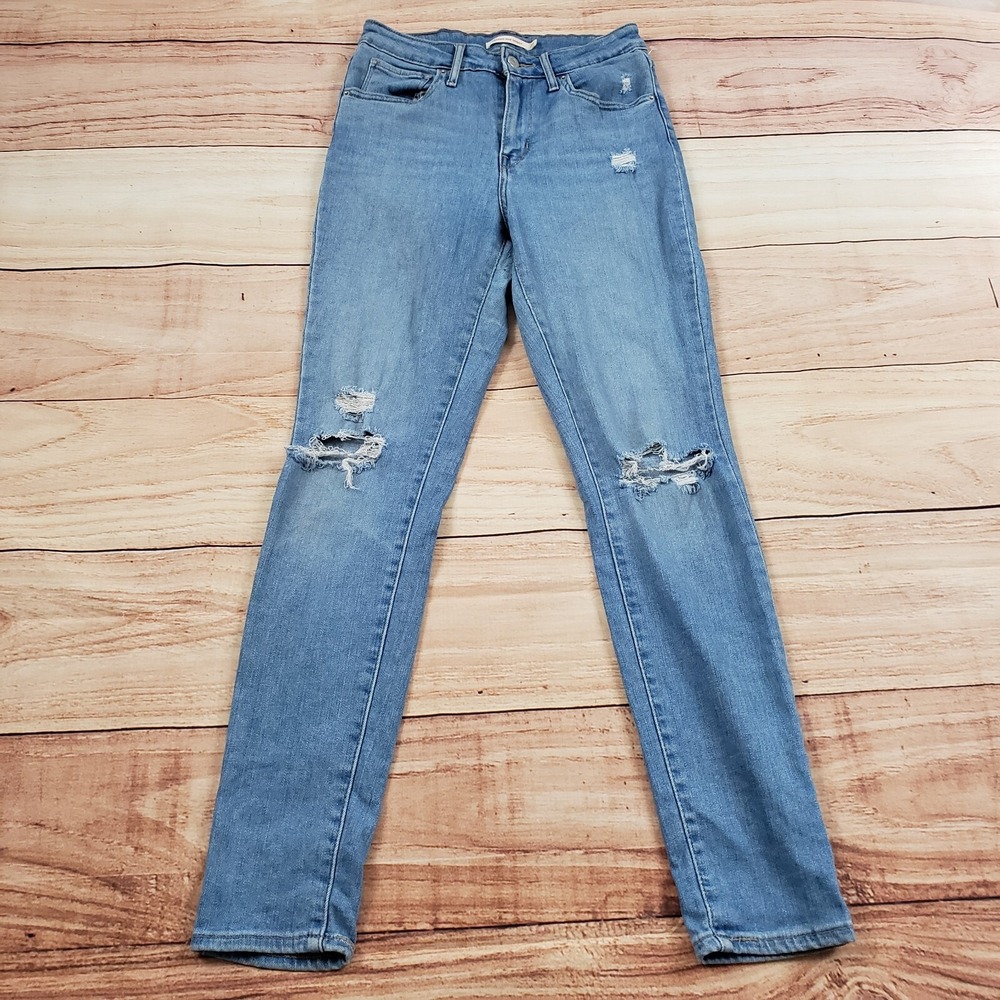 Levis 721 Jeans Womens 27 Blue Skinny High Rise Medium‎ Wash Pants Distressed